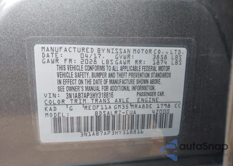 2017 Nissan Sentra Sr z USA, uszkodzony, nr VIN 3N1AB7AP3HY318816